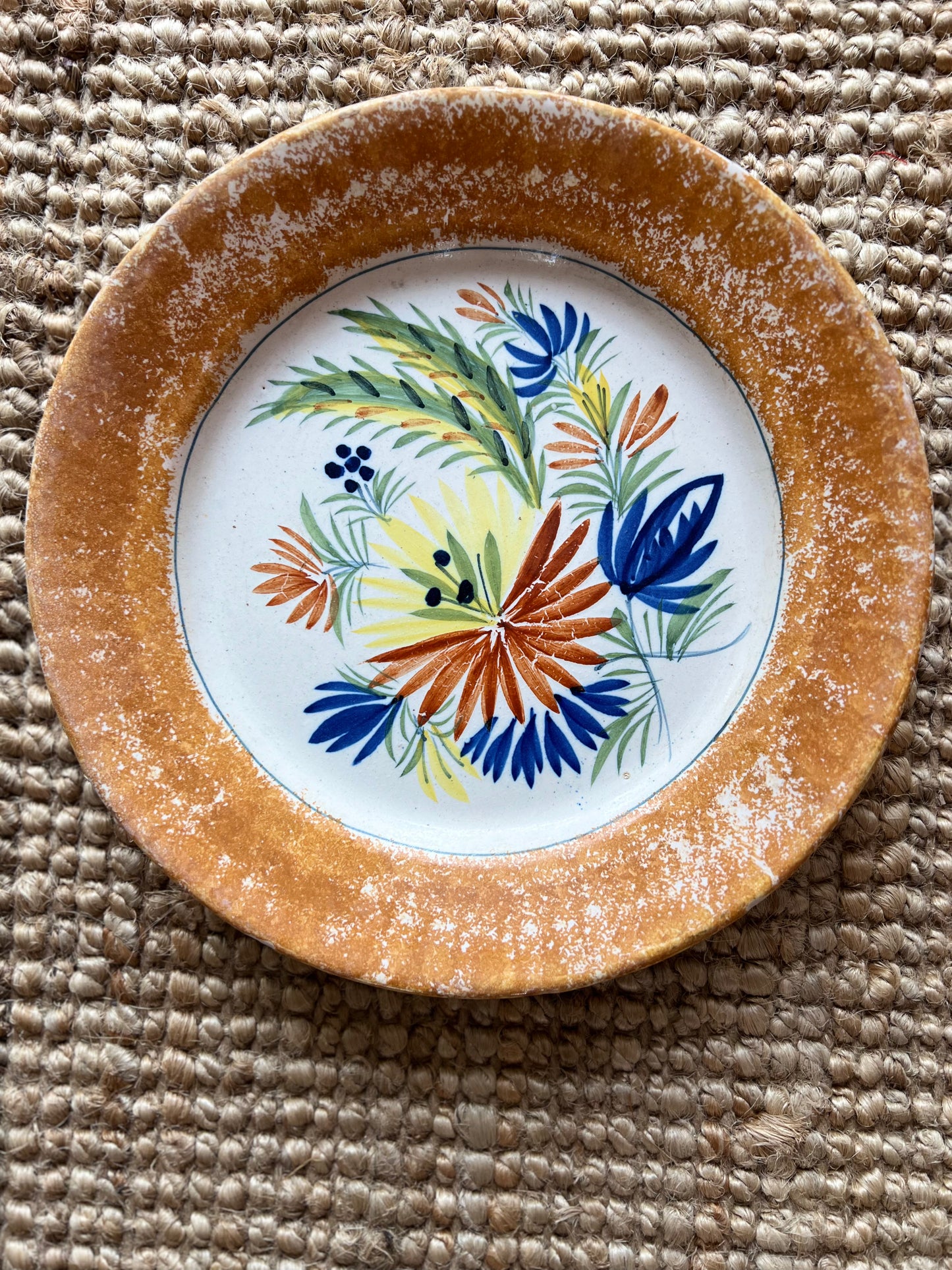 Vintage Henriot Quimper Spatter Rim Flower Plates, set of 8