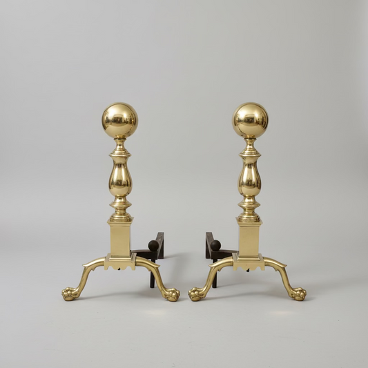 Antique American Cannon Ball Top Brass Federal Style Andirons