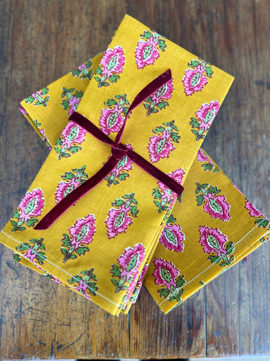 Indian Hand Block Printed Napkins, Goldenrod & Pink, Set of 6