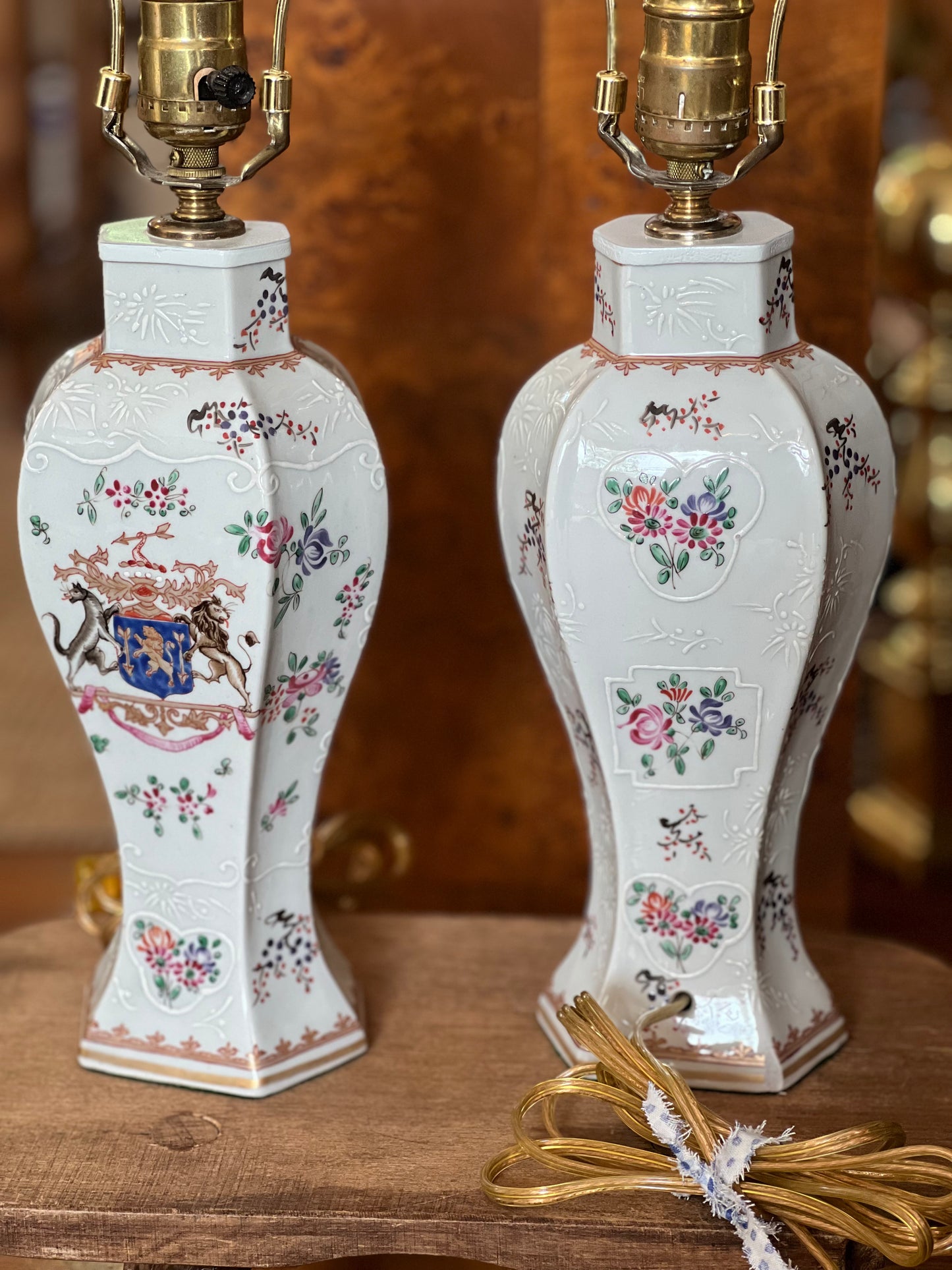 Pair of 19th-Century Samson of Paris Porcelain Lamps, Chinese Export Famille Rose Style