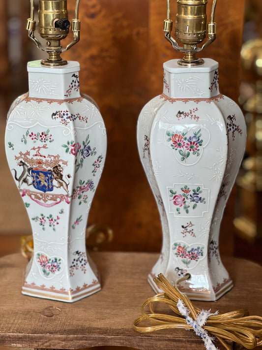 Pair of 19th-Century Samson of Paris Porcelain Lamps, Chinese Export Famille Rose Style