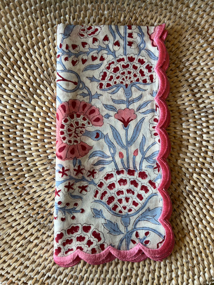 Pigeon Blue and Pink Scalloped Edge Napkins, Block Print, Set of 4