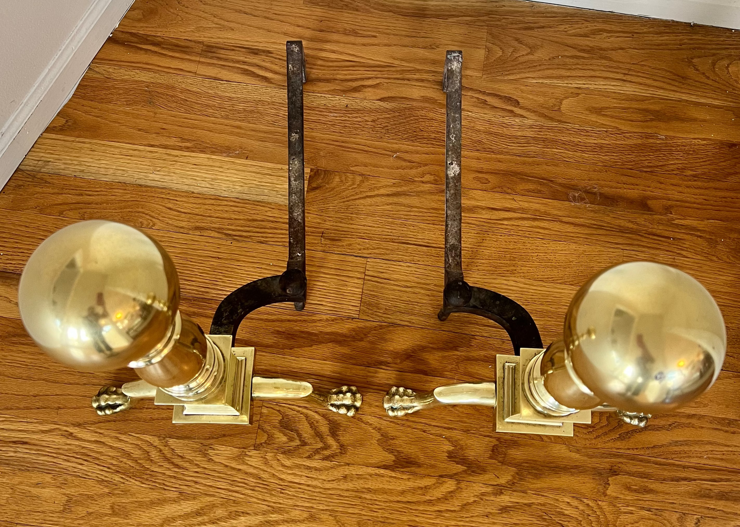 Antique American Cannon Ball Top Brass Federal Style Andirons