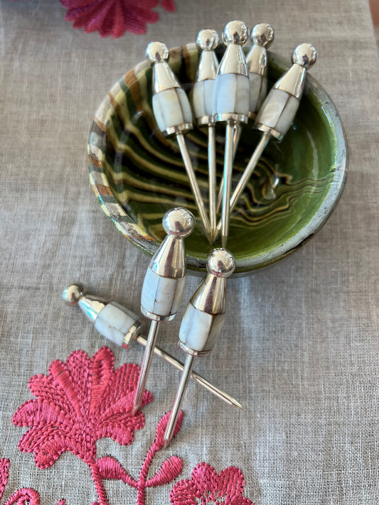 Vintage Mid Century Mother of Pearl Cocktail Picks, Set of 8