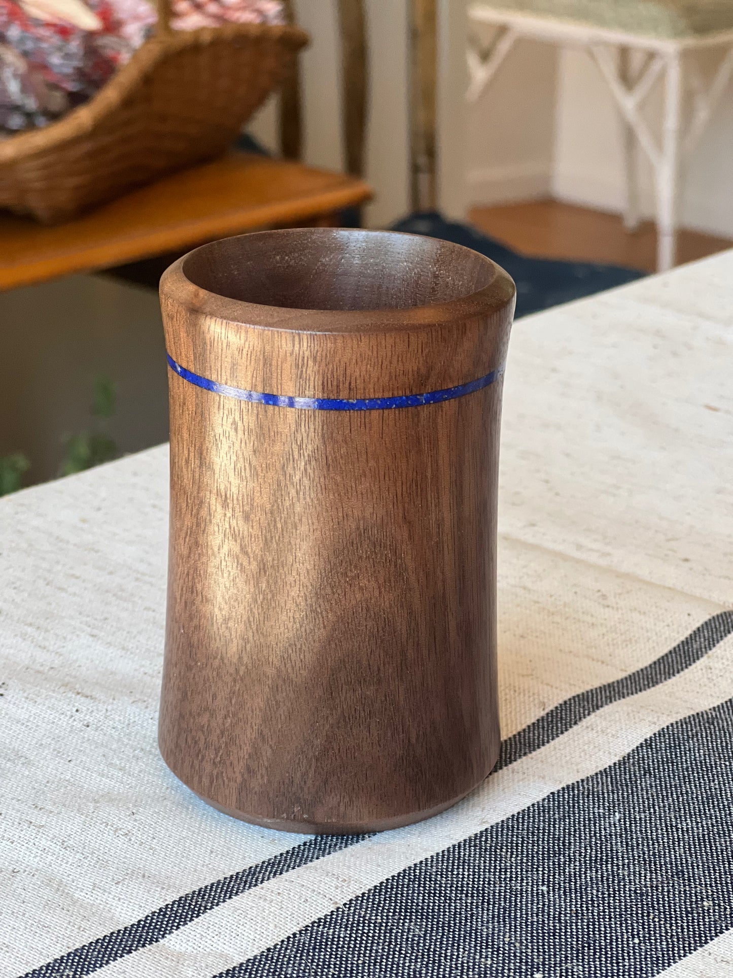 Hand Turned Walnut Wood Pen & Pencil Cup with Blue Crystal Inlay