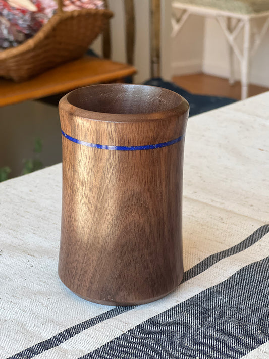 Hand Turned Walnut Wood Pen & Pencil Cup with Blue Crystal Inlay
