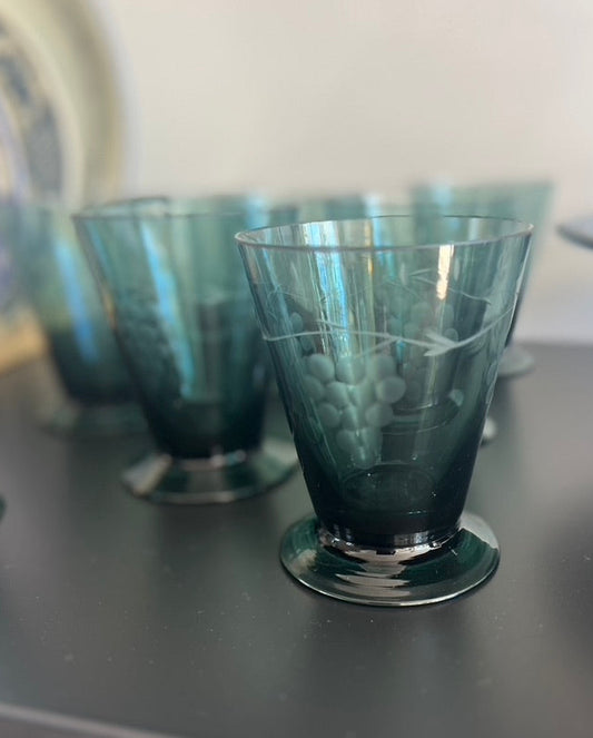 Smoke Glass Julep Glasses with Grape Motif, Set of 8