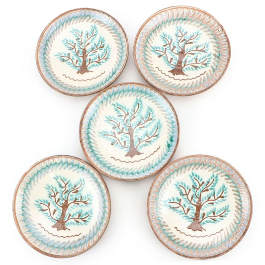 Romanian Pottery Slip Glazed Tree Plates, Set of 5