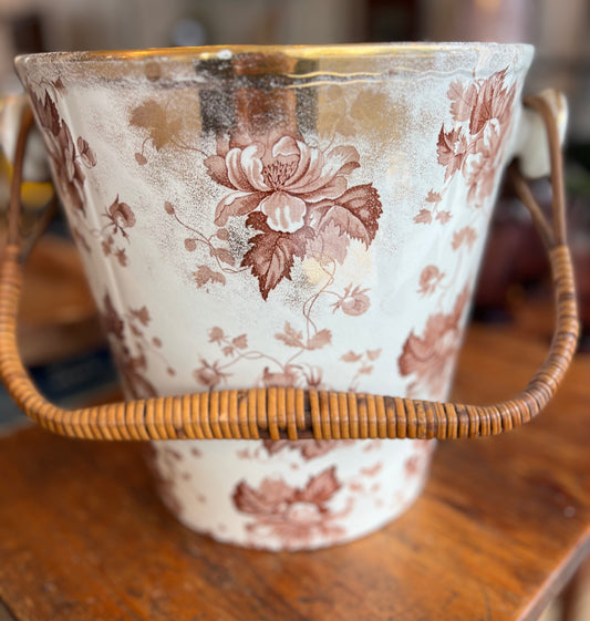 Antique Ironstone Bucket with Rattan Handle