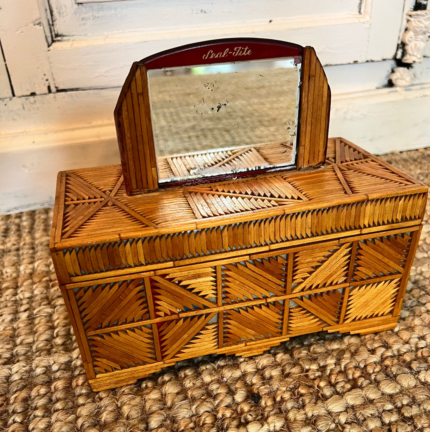 Vintage Tramp Art Wooden Matchstick Jewelry Box with Mirror