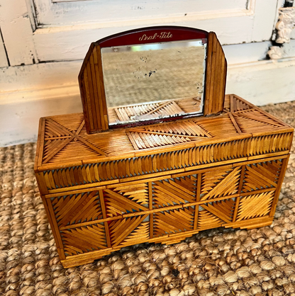 Vintage Tramp Art Wooden Matchstick Jewelry Box with Mirror