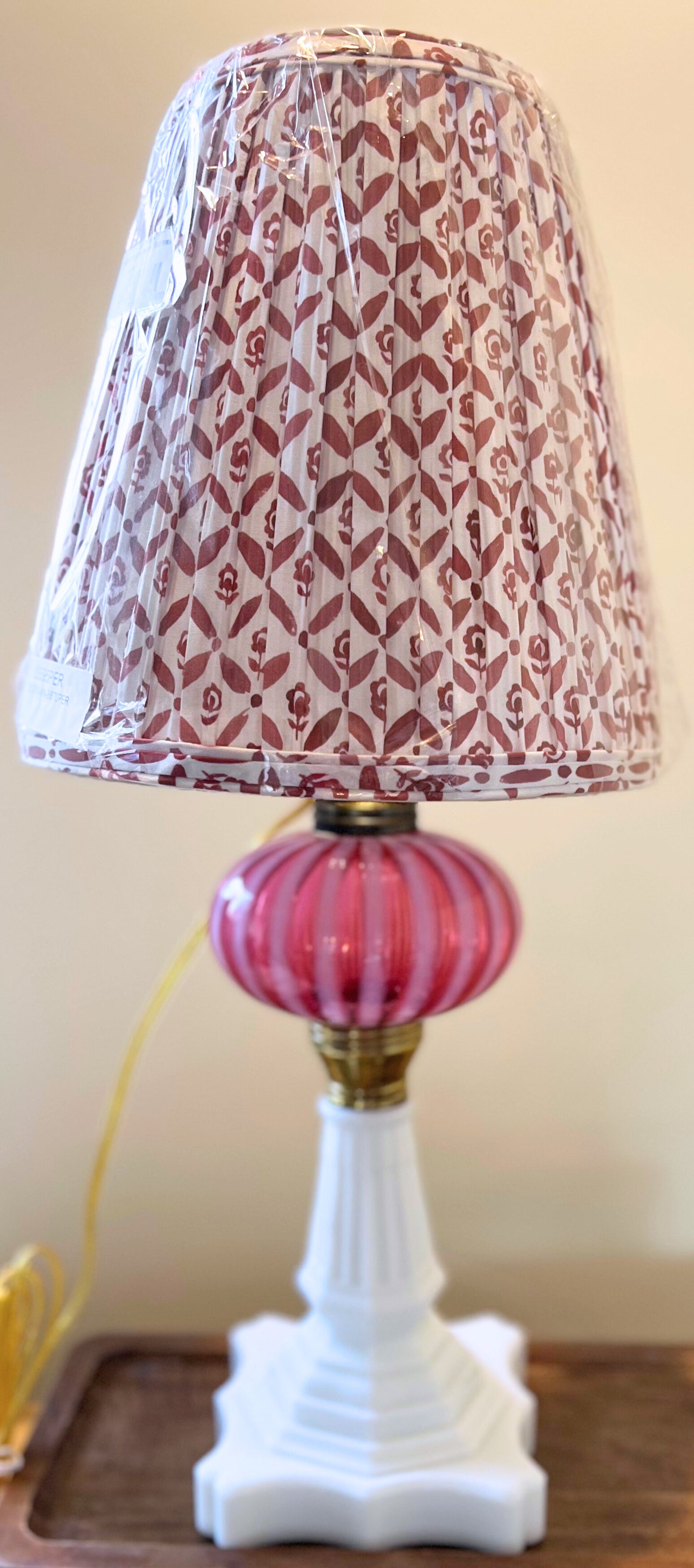 Antique Cranberry Swirl Glass and Milk Glass Lamp