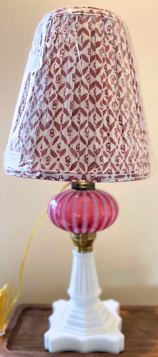 Antique Cranberry Swirl Glass and Milk Glass Lamp
