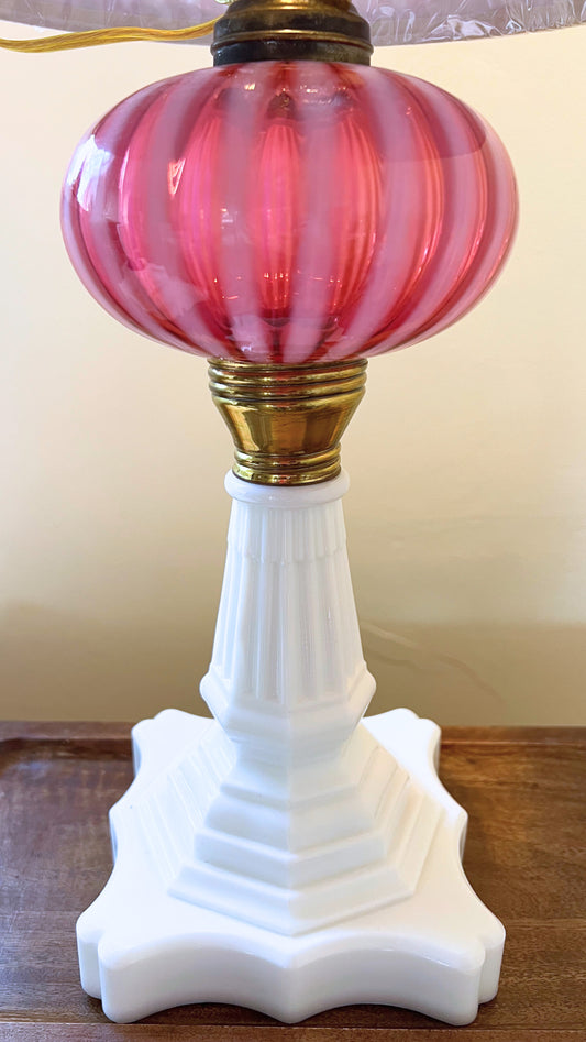 Antique Cranberry Swirl Glass and Milk Glass Lamp