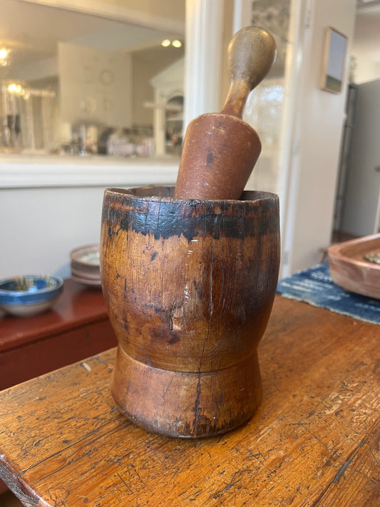 Primitive Hand Carved Wooden Mortar & Pestle