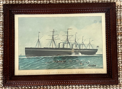 Tramp Art Frame with Currier & Ives "The Iron Steam Ship Great Eastern"