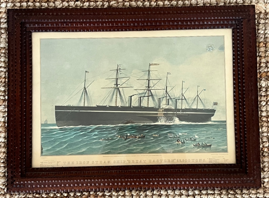 Tramp Art Frame with Currier & Ives "The Iron Steam Ship Great Eastern"