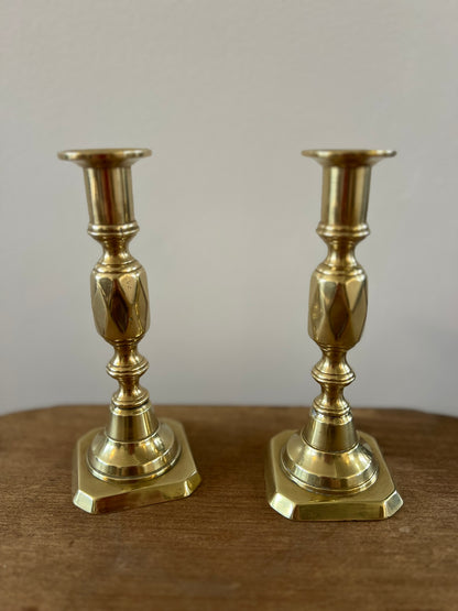 Antique English Brass Candlesticks, Queen of Diamonds, Pair