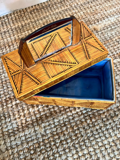 Vintage Tramp Art Wooden Matchstick Jewelry Box with Mirror