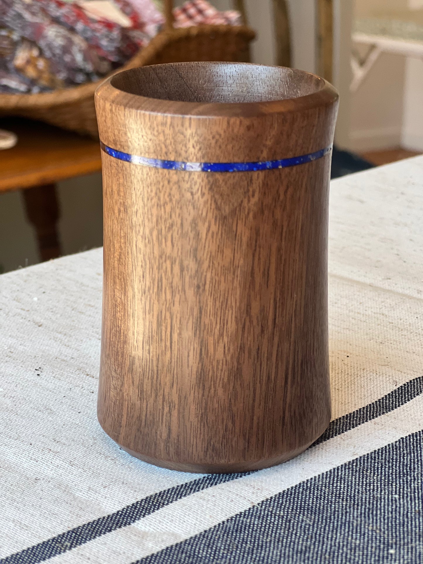 Hand Turned Walnut Wood Pen & Pencil Cup with Blue Crystal Inlay