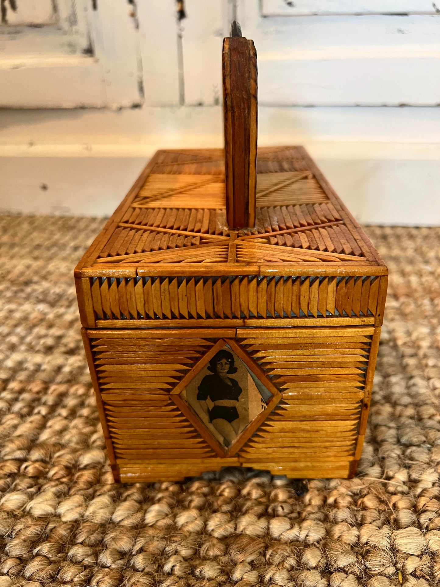 Vintage Tramp Art Wooden Matchstick Jewelry Box with Mirror