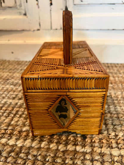 Vintage Tramp Art Wooden Matchstick Jewelry Box with Mirror