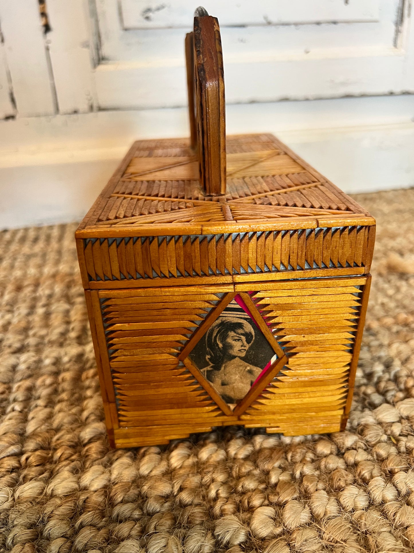 Vintage Tramp Art Wooden Matchstick Jewelry Box with Mirror