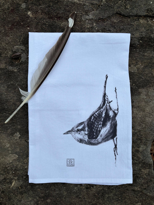 Carolina Wren Tea Towel with Original Illustration, by Jennie Blue Maine