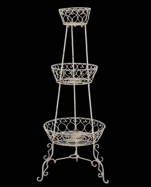 Antique Victorian Style White Painted Wrought Iron Triple-Tier Plant Stand
