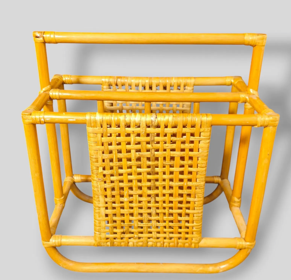 Vintage Mid-Century Modern Bamboo and Rattan Magazine Rack or Vinyl Record Holder