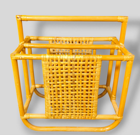 Vintage Mid-Century Modern Bamboo and Rattan Magazine Rack or Vinyl Record Holder
