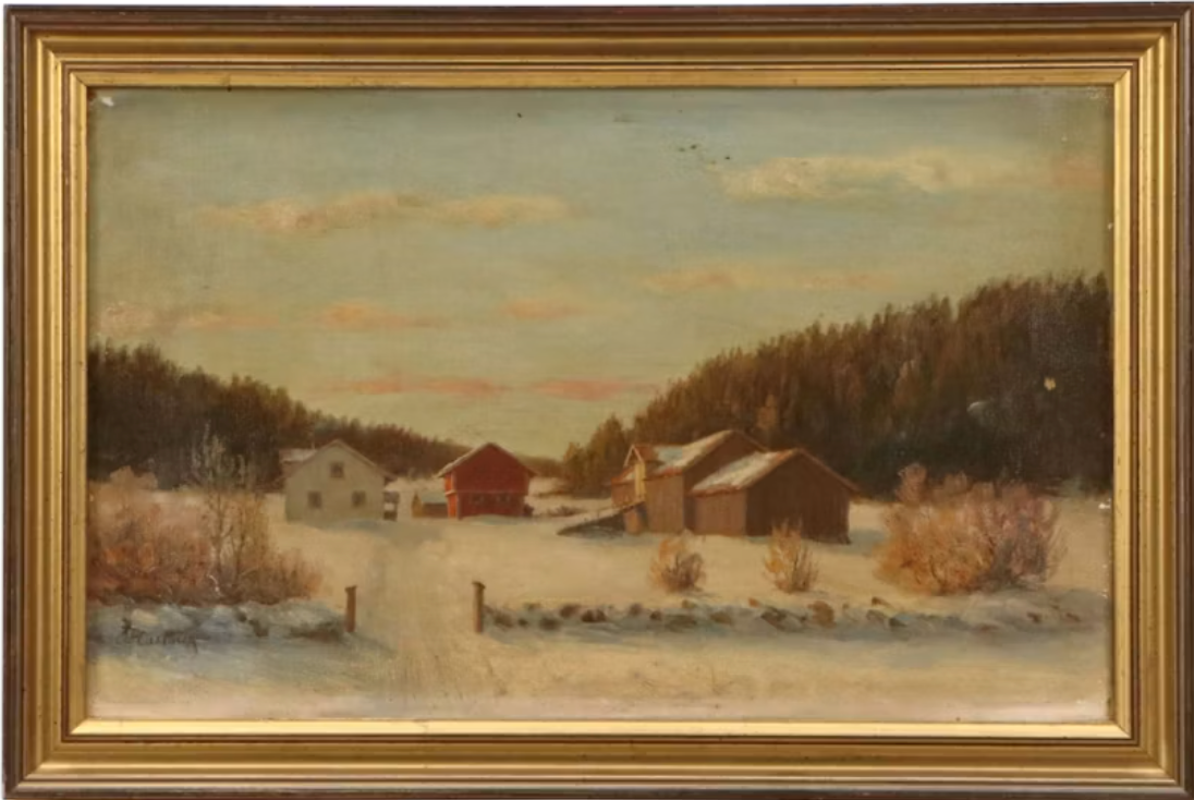 Original Mid-Century Scandinavian Winter Landscape – Oil on Canvas by Johan Christian Castberg (1911–1988)