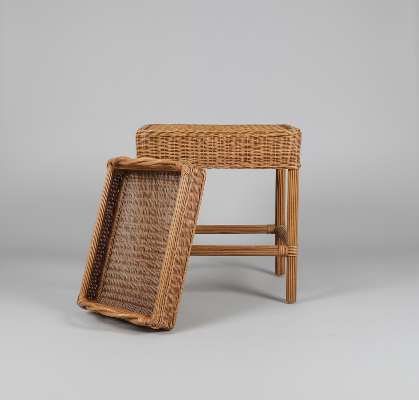 Vintage Rattan & Wicker Accent Table with Removable Tray