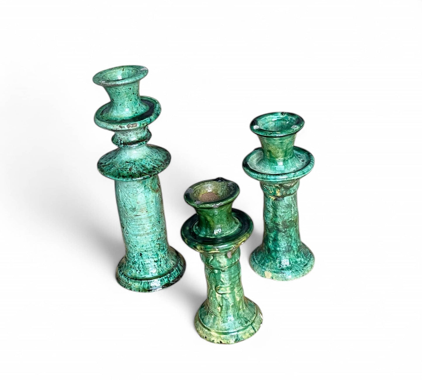 Handmade Tamegroute Candlesticks, Green Glaze Moroccan Pottery