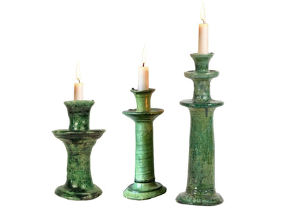 Handmade Tamegroute Candlesticks, Green Glaze Moroccan Pottery